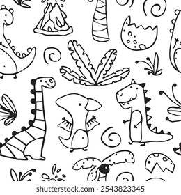 Seamless pattern featuring doodle-style dinosaurs, cracked eggs, and tropical plants in black outline on a white background. Perfect for kids products, textiles, wallpapers, or educational materials