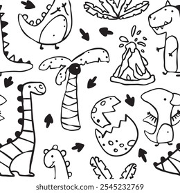 Padrão contínuo com dinossauros estilo doodle, ovos rachados e plantas tropicais em contorno preto em um fundo branco. Perfeito para crianças, produtos têxteis, papéis de parede ou materiais educacionais