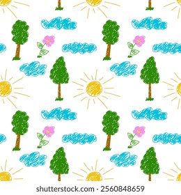 Seamless pattern featuring doodle-style trees, clouds, sun, and flowers in a colorful nature-themed design.