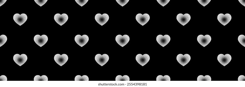 A seamless pattern featuring dotwork hearts adorned with subtle white noise stipple dots. This romantic Valentine's Day design features repeated motifs of love symbols and is perfect for creating a no