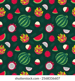 A seamless pattern featuring dragon fruit, watermelon, and rambutan with fruit slices and leaf silhouettes. Perfect for summer designs, packaging, textiles, and tropical-themed creative projects.