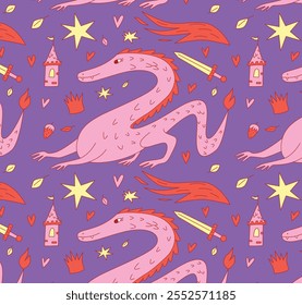 Seamless Pattern Featuring Dragons, Castles, Crowns, Swords, Stars, Hearts. Vibrant Design in Purple, Pink, and Red Tones. Decorative Composition for Kids and Fantasy Themes. Flat Vector Illustration.