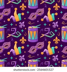 A seamless pattern featuring drums, jester hats, fleur-de-lis motifs, party blowers, and carnival masks. This playful vector illustration is perfect for festive designs and celebration-themed projects