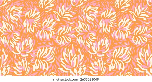 Seamless pattern featuring dynamic abstract floral shapes in rich orange tones. Perfect for print design textiles, wrapping paper, wallpapers, and contemporary decorative projects