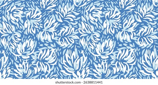 Seamless pattern featuring dynamic abstract floral shapes in soft, blue tones. Perfect for print design textiles, wrapping paper, wallpapers, and contemporary decorative projects