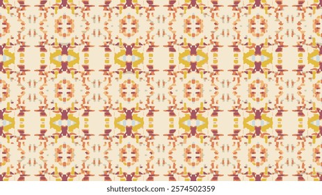 Seamless pattern featuring a dynamic geometric design in warm tones of yellow, orange, and brown for a cheerful and inviting effect.  For use in textile design including clothing, bedding, or curtain