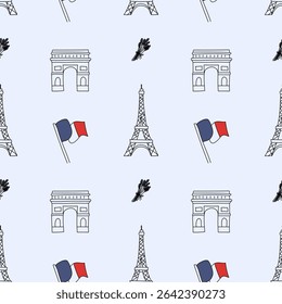 Seamless pattern featuring Eiffel Tower, Arc de Triomphe, French flags, and lavender. Paris-inspired design, perfect for textiles, wrapping, or decor.