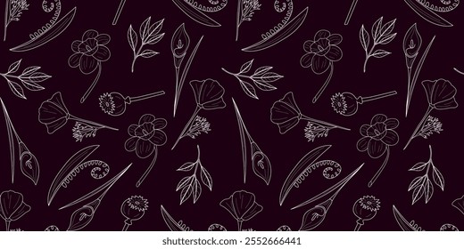 A seamless pattern featuring elegant botanical illustrations of flowers, leaves, and seed pods outlined in fine white lines on a deep plum background. Ideal for textiles, wallpapers, and branding.