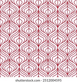 A seamless pattern featuring elegant red abstract shapes with a symmetrical, wave-like design on a white background. Perfect for adding a touch of modern sophistication to any project.