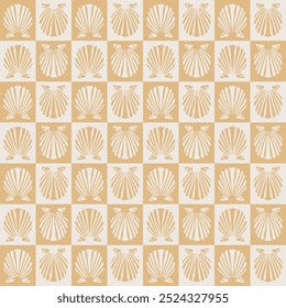 A seamless pattern featuring elegant seashell motifs in beige and white. This geometric design is perfect for coastal-themed decor, textile prints, or wrapping paper with a modern, minimalist Design