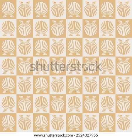 A seamless pattern featuring elegant seashell motifs in beige and white. This geometric design is perfect for coastal-themed decor, textile prints, or wrapping paper with a modern, minimalist Design