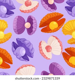 Seamless Pattern Featuring Elegant Seashells With Glistening Pearls, Creating A Soothing And Beach-inspired Design Creating A Harmonious And Elegant Repeat Background. Cartoon Vector Illustration