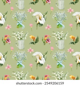 Patrón sin fisuras con elegantes lirios de acuarela en tonos suaves y naturales. Este diseño irradia gracia y sofisticación, perfecto para productos como ropa, Fondo de pantalla y más. Patrón de flores