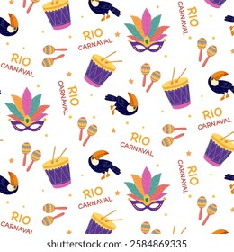 Seamless pattern featuring elements of the Rio Brazil Carnival, including masks, drums, maracas, and toucans. Vibrant and festive vector illustration.