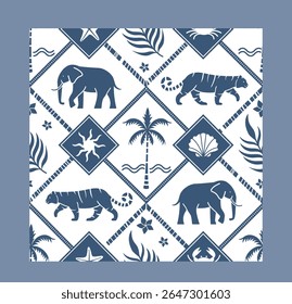 Seamless pattern featuring elephants, tigers, palm trees, seashells, and tropical leaves in a navy blue silhouette style on a white background. Vector illustration