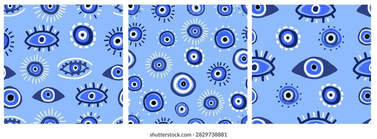 Seamless pattern featuring the evil eye symbol in vibrant blue and white. Hand drawn style with a mystic and spiritual feel.
