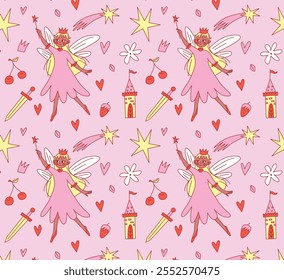 Padrão sem emenda com fadas com coroas e varinhas, castelos, estrelas, corações, espadas e cerejas. Design Caprichoso em tons de rosa e vermelho para crianças e temas de fantasia. Ilustração de vetor plano.