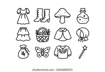 Seamless pattern featuring fairytale elements in simple line art style. Includes dress, boots, mushroom, potion, basket, and more.