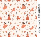 Seamless pattern featuring fairytale princesses in coral gowns and crowns alongside mythical unicorns on a light cream background. The decorative composition includes scattered pink flowers with dark brown stems, small butterflies, red hearts, and miniature dots, forming a continuous textile texture.