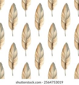 Seamless pattern featuring  feathers in earthy tones, perfect for bohemian, rustic, or nature inspired designs. Ideal for textiles, wallpapers, and digital backgrounds.