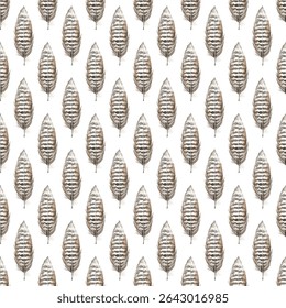 Seamless pattern featuring  feathers in earthy tones, perfect for bohemian, rustic, or nature inspired designs. Ideal for textiles, wallpapers, and digital backgrounds.
