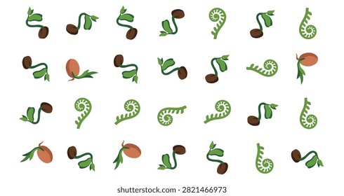 Seamless pattern featuring fern fiddlehead sprouts and brown seeds with green stem sprouts scattered on a white background in an orderly composition