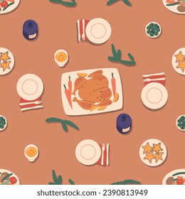 Seamless Pattern Featuring A Festive Christmas Tabletop With Holiday Dishes And Settings Top View. Charming Background