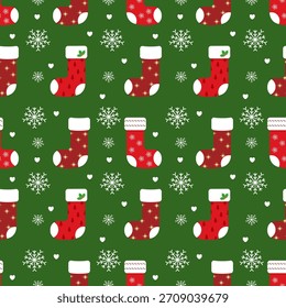 patrón sin fisuras con un tema de Navidades festivas. El fondo es un color verde profundo sólido, contra el cual se repiten motivos de medias de Navidades rojas y copos de nieve blancos.