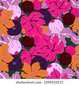 Seamless pattern featuring fig branches, stylized leaves, and fruits. Elegant botanical ornament with artistic details. Perfect for textiles, packaging, wallpaper, and design projects.