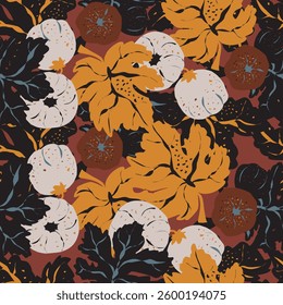 Seamless pattern featuring fig branches, stylized leaves, and fruits. Elegant botanical ornament with artistic details. Perfect for textiles, packaging, wallpaper, and design projects.