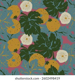 Seamless pattern featuring fig branches, stylized leaves, and fruits. Elegant botanical ornament with artistic details. Perfect for textiles, packaging, wallpaper, and design projects.