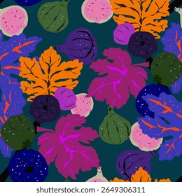 Seamless pattern featuring fig branches, stylized leaves, and fruits. Elegant botanical ornament with artistic details. Perfect for textiles, packaging, wallpaper, and design projects.