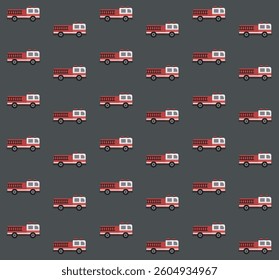 Seamless pattern featuring fire trucks in a flat, minimalist style on a dark background. The red emergency vehicles are arranged creating a fun and dynamic design.