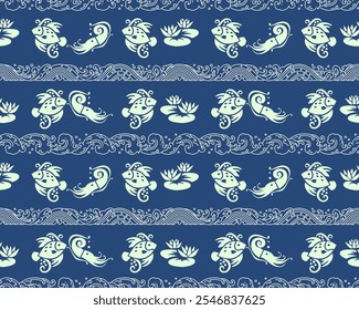 Seamless pattern featuring fish, water lilies, and waves in blue background. design evokes serene aquatic theme, perfect for textiles or wallpapers.