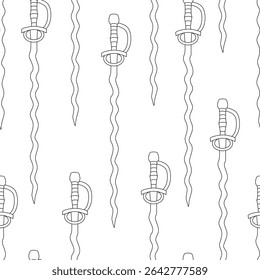 Seamless pattern featuring flamberge swords with ornate hilts. Hand drawn black outline doodle illustration, ideal for fantasy fabric prints, medieval-themed textiles, and coloring pages.