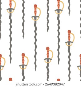 Seamless pattern featuring flamberge swords with ornate hilts. Hand drawn flat style illustration for textile print in historical or fantasy theme