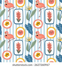 Seamless pattern featuring flamingo, tropical leaves, hibiscus and jungle flowers on blue striped background, perfect for summer designs, fabric, and kids projects.