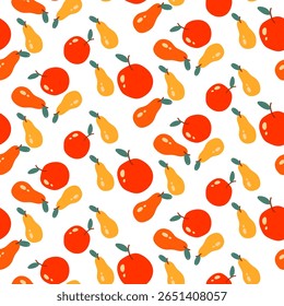 Seamless pattern featuring flat yellow pears and red apples on white background. Perfect for autumn designs, fabric prints, wrapping paper, kitchen textiles, scrapbooking, and seasonal decorations.