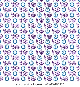 Seamless pattern featuring floral design in blue and purple color scheme on white background