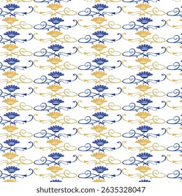Seamless pattern featuring floral design in blue and gold decorative elements