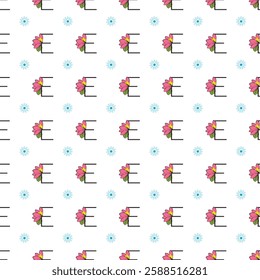 Seamless pattern featuring floral motifs with pink flowers, decorative E letters, and light blue details, arranged on a white background. Perfect for creative designs, textiles, wallpapers,.