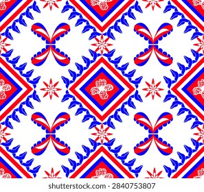 Seamless pattern featuring flowers, stars and geometric shapes in Thai ethnic style, vibrant red-blue-white tones — perfect for backgrounds, textiles, fabric prints and decoration