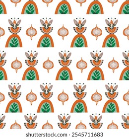 Seamless pattern featuring folk art flowers with intricate details, isolated on a white background. This vector illustration is suitable for decorative projects.