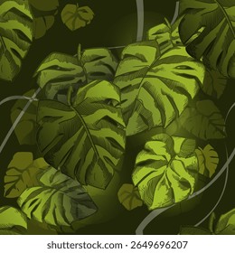 Seamless pattern featuring four distinct palm leaf illustrations in dark green line art with gradient-filled interiors ranging from light to dark green. his design is perfect for tropical-themed print