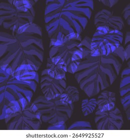 Seamless pattern featuring four unique palm leaf designs in purple-blue tones. Each leaf includes filled color and line art in matching hues. This abstract tropical pattern is perfect for modern.
