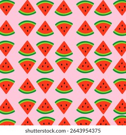 Seamless pattern featuring fresh red watermelon slices with green rind on a bright pink background. Flat cartoon style, suitable for summer themes, children's products or food-related designs.