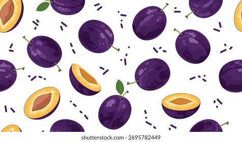 Seamless pattern featuring fresh ripe purple plums, both whole and halved, with a vibrant yellow-orange interior and scattered dark accents.