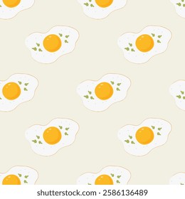 Seamless pattern featuring fried eggs with herbs on soft light background. Perfect for food-themed print designs, kitchen decor, and textiles. Vector art
