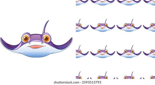 Seamless pattern featuring a friendly cartoon stingray character illustration