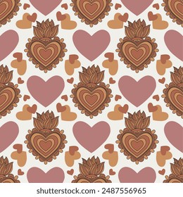 seamless pattern featuring geometric brown hearts on cream background. Perfect for Valentine's Day designs, and bold textile patterns. ideal for fabric, wallpaper, and gift wrap."
